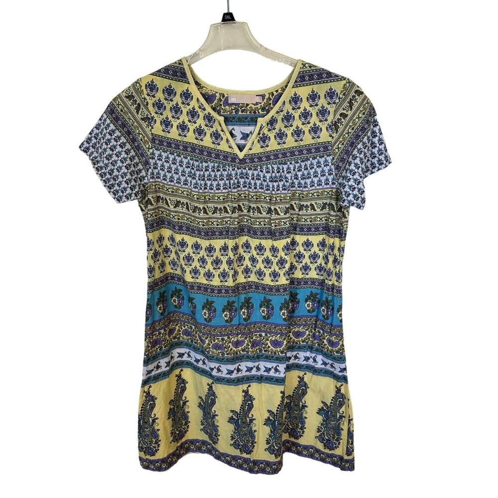 La Cera Womens MuMu Dress Bohemian Style V Neck Short Sleeve Cotton Large